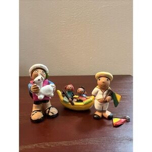 Set Of 3 Bolivian Clay Folkart Figurines Sailor Animal Boat READ